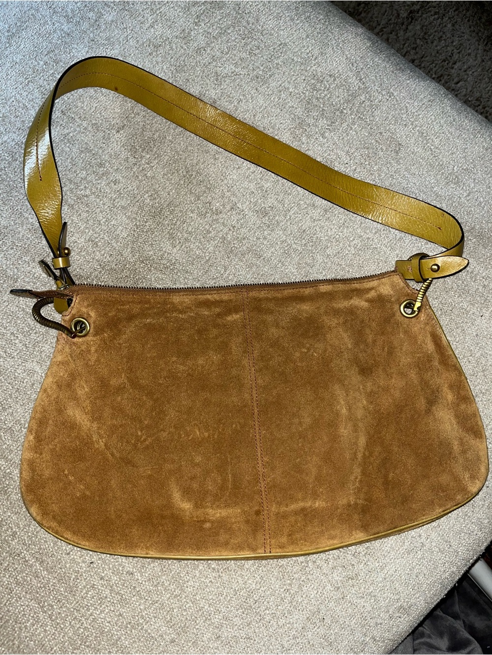 Maxx New York Brown Suede Shoulder Bag with Mustard Strap